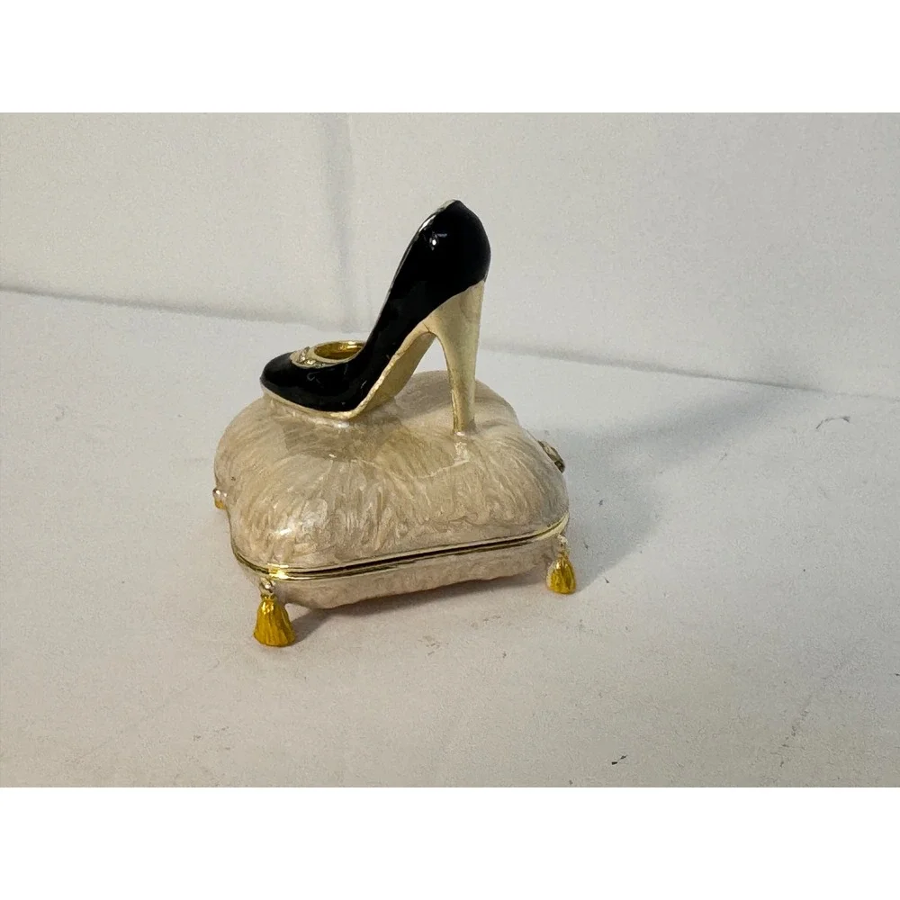 Black High Heel Stiletto on Pillow Enameled Trinket Box Gold Tone Rhinestone